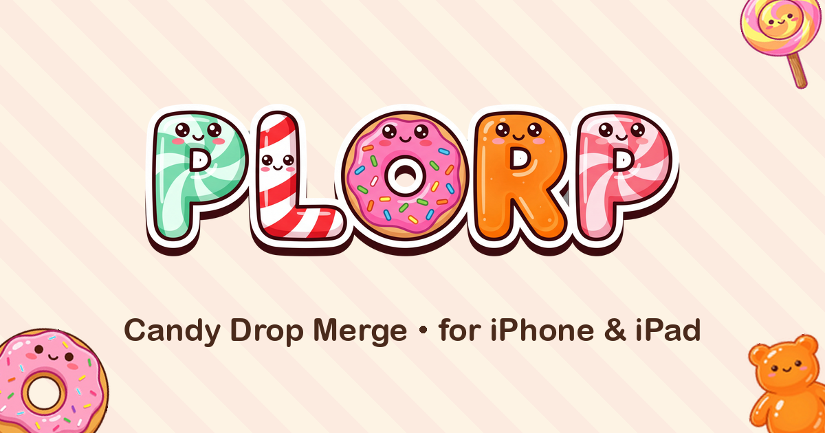 Plorp social banner: the candy wordmark on a cream candy-stripe background.
