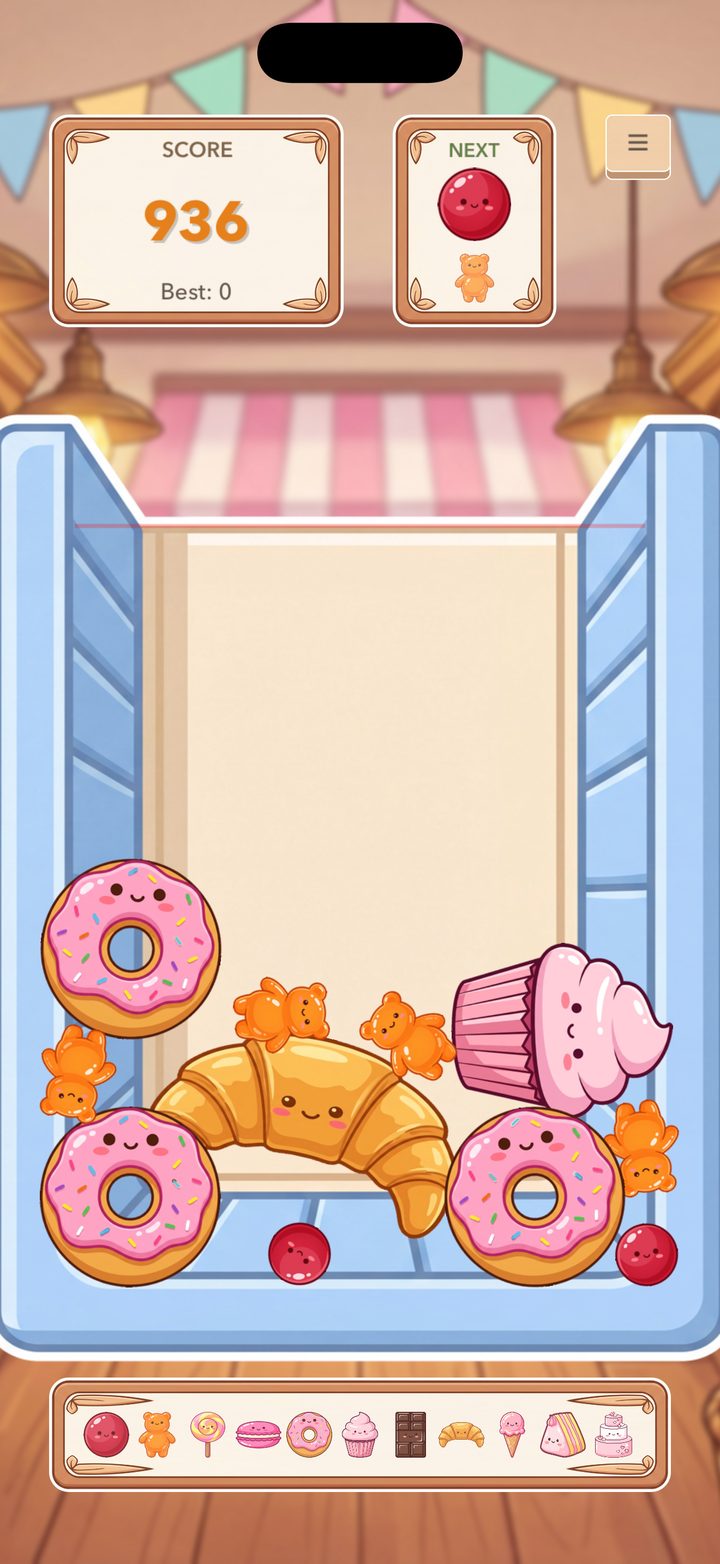 A Plorp game in progress: kawaii donuts, a croissant with gummy bears perched on top, and a cupcake filling half the candy basket, with the score panel and next-candy preview above.