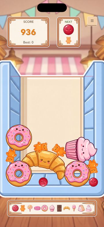 Gameplay: kawaii candies piled in the basket mid-game.