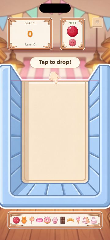 The first-run tutorial: a hint pointing where to drop the first candy.